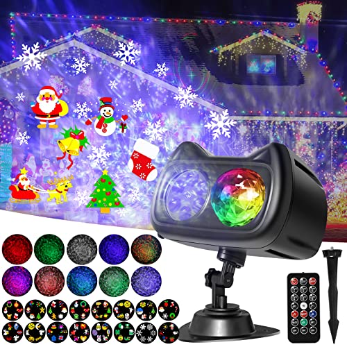 Christmas Projector Lights Outdoor, 2-in-1 3D Ocean Wave Snowflake LED Projector with 16 HD Slides (96 Patterns) and 10 Colors, Waterproof with Remote for Xmas, Halloween, Birthday Party Holiday Decor