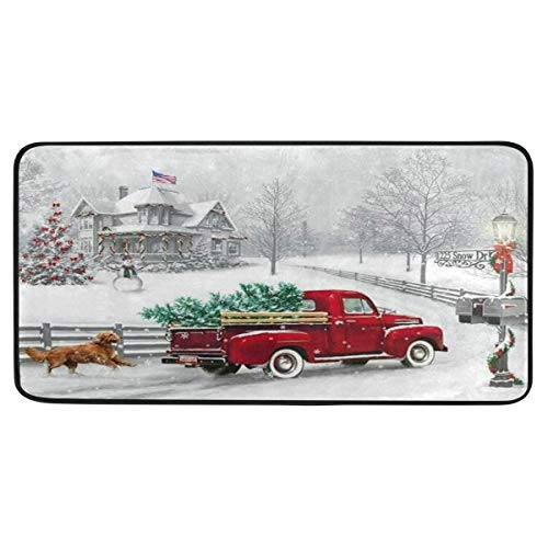 Christmas Red Truck Winter Kitchen Rugs Xmas Fir Tree Snow Dog Kitchen Mat Bath Rug