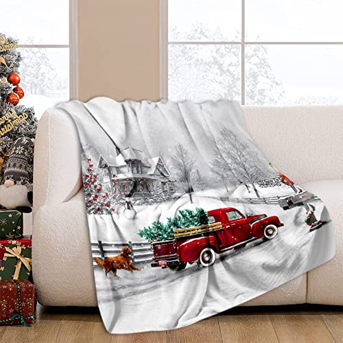Christmas Throw Blanket Winter Holiday Snow Red Truck and Dog Fannel Blanket