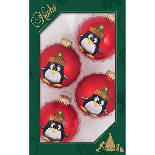 Christmas Tree Ornaments - Handmade Glass Balls (Candy Apple Red with Stocking Cap Penguin)