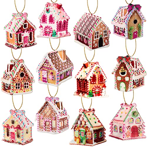 Christmas Tree Ornaments Set Resin Clay Peppermint Colorful Candy Round Lollipop Gingerbread House Gingerbread House Flat Train Hanging Ornaments for Candy Party Christmas Tree Decor (House, 12 Pcs)