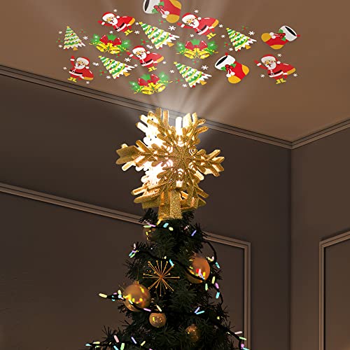 Christmas Tree Topper Lighted, Christmas Tree Snowflake Topper with Rotating Santa Claus Projector, Gold Snowflake Tree Topper for Christmas Tree Decorations