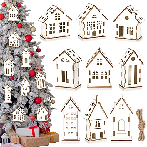 Christmas Wood Ornaments - Unfinished Rustic White Wooden House Crafts
