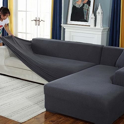 CHUNXINMAKE Thick Couch Covers for 1 2 3 4 Seater, Sectional Sofa L Shape Stretch Slipcover Living Room Dogs Pets, Washable Durable Furniture Protector (2 Seater, Dark Gray)