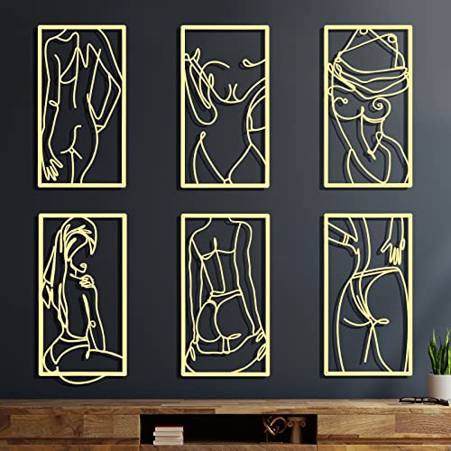 Cindeer 6 Pcs Modern Minimalist Wall Decor Abstract Woman Wall Art Single Line Drawing Modern Home Decor Line Metal Wall Decor Women Body Shape Wall Sculptures for Bedroom Bathroom (Gold, Classic)