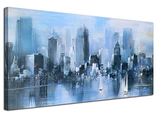 City Wall Art Abstract Navy Blue Canvas Painting