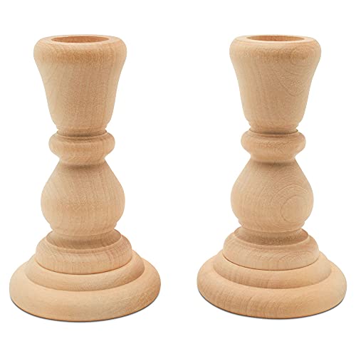 Classic Wooden Candlesticks 4 inches with 7/8 inch Hole, Set of 4 Unfinished Small Wooden Candle Holders to Craft, Paint or Decorate, by Woodpeckers