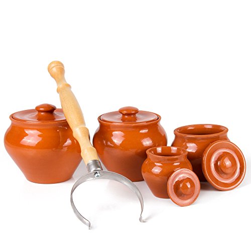 Clay Cooking Pot with Lid Traditional Natural Clay Stoneware Baking Pots with Lids Set of 4 (Different Capacity) And Oven Fork Clay Pots for Cooking Clay Cookware