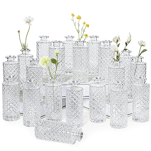 Clear Glass Bud Vase, 20 Pack Living Bud Vases, Small Diamond Bud Vases in Bulk, Mini Flowers Vases for Table Centerpiece, Office, Wedding Reception, Home Decor