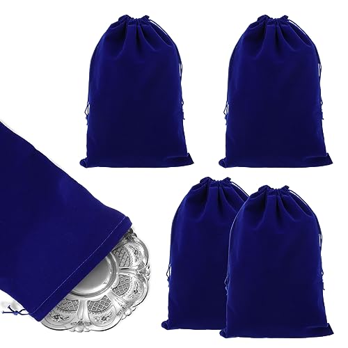 cobee Silver Storage Bags, 4pcs Anti Tarnish Cloth Pouches Large Siliver Protecter Bags Protection Resistant Cloth Storage Plush Bag for Jewelry, Silverware, Flatware Cleaning, 11.8" x 7.8"(Blue)
