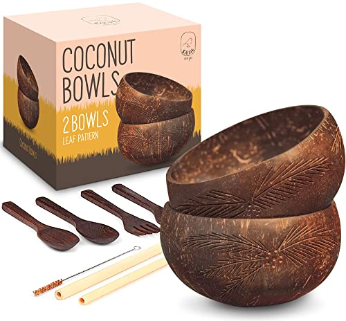 Coconut Bowls Set - Palm Leaf Design with Utensils