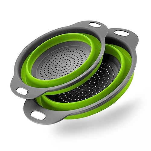 Collapsible Strainer and Colander for Kitchen, Wafalldream Silicone Collapsible Colander Basket Set, BPA Free Round Fruit Washer Drainer for Vegetable, Berry, Tomato, Pasta, Camper Essentials(Green)