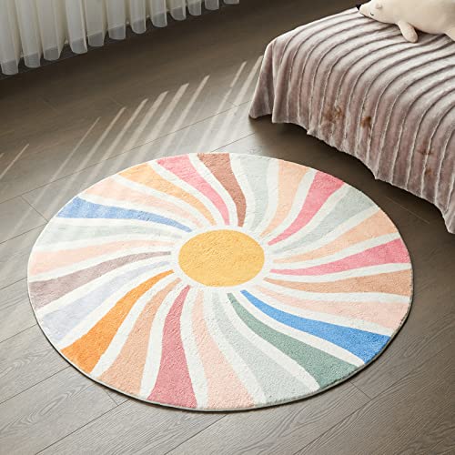Colorful Boho Kids Rug for Bedroom and Nursery - Topotdor Sun Rainbow Round Rug