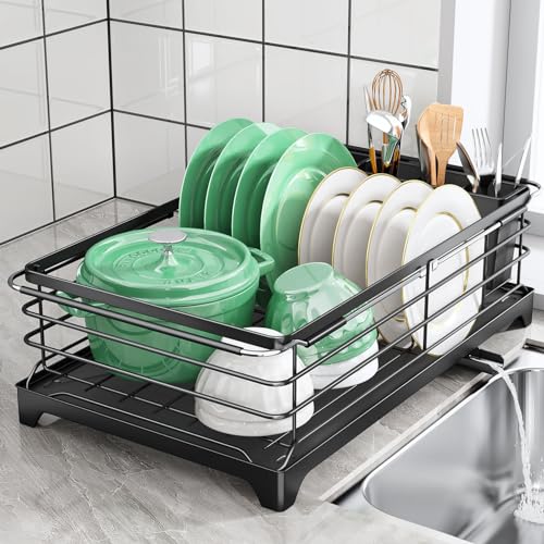 Compact Black Dish Drying Rack with Drainboard - Small Size but High Functionality