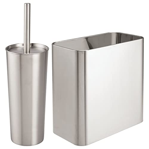 Compact Freestanding Metal Toilet Bowl Brush and Rectangle Open Wastebasket Garbage Can Combo Set