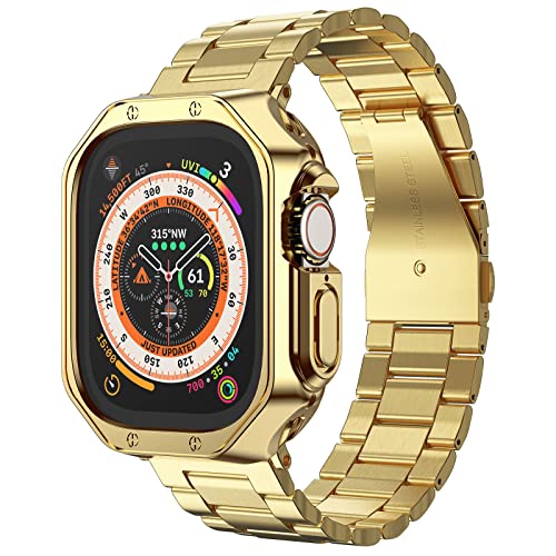 Compatible with Apple Watch Band and Case, Stainless Steel Metal Chain with TPU Cover, Smart-Watch Link Bracelet Strap, Wrist-Band for i-Watch Series 8 7 6 5 4 3 2 1 SE SE2, 45mm 44mm 42mm, Gold