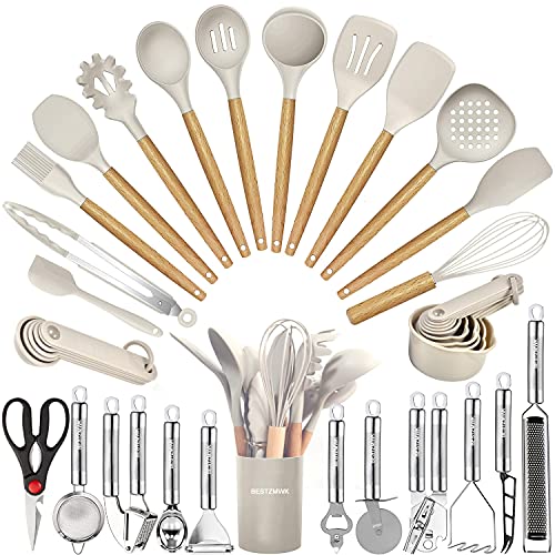Comprehensive 35-Piece Kitchen Utensils Set with Silicone and Wooden Handles
