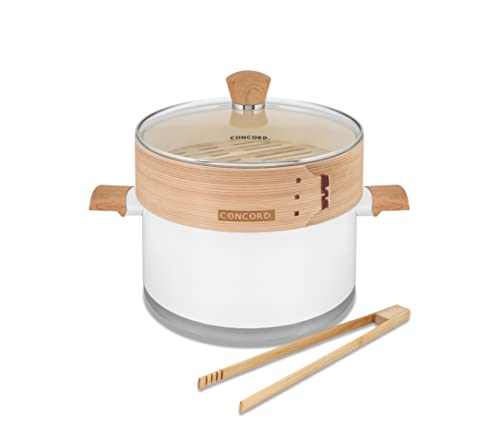 CONCORD 10" Stainless Steel Steamer Pot with Natural Bamboo Steamer 24 CM Steaming Cookware (Snow/Bamboo)