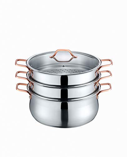 CONCORD Premium Stainless Steel 3 Tier Steamer w/Rose Gold Handles 34 cm