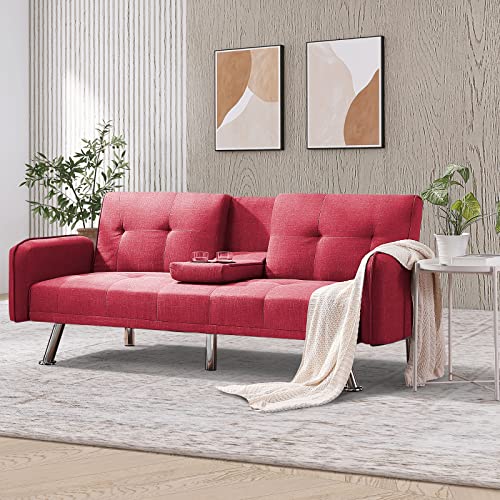 Convertible Futon Sofa Bed with Cup Holders - Red