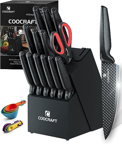 COOCRAFT Knife Set, Kitchen Knife Set Knife Sets for Kitchen with Block and Built-in Sharpener, 24PC Block Knife Set with 6 Steak Knives and 9 Measuring Spoons, Black