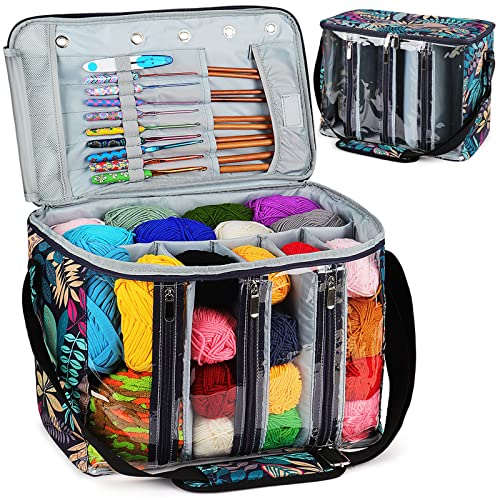 Coopay Large Yarn Bag, Portable Crochet Bag with Visible Yarn Storage Dividers, Tangle Free Knitting Bag with Gorments, Single Shoulder Yarn Storage Bag for Carrying Yarn, Knitting & Crochet Supplies