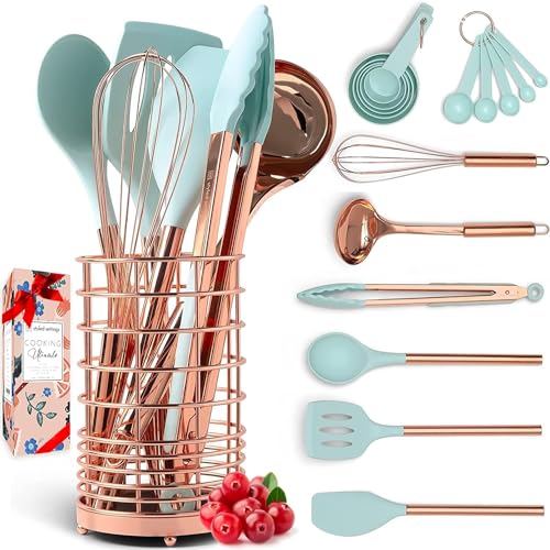 Copper and Teal Kitchen Utensils -17 PC Copper Kitchen Utensils Set Includes Copper Utensil Holder & Teal Blue and Rose Gold Measuring Cups and Spoons - Teal Kitchen Decor, Unique Kitchen Gifts