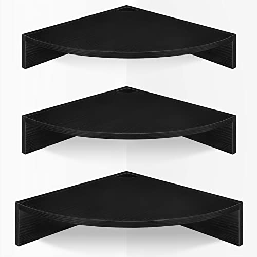 Corner Floating Shelves with Cable Hole, 3 Tier Wooden Hanging Corner Storage Shelf