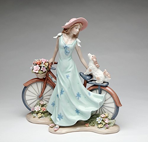 Cosmos Gifts 10414 Fine Elegant Porcelain Lady Riding Bike with My Best Friend Dog Puppy Porcelain Figurine, 10 5/8" H