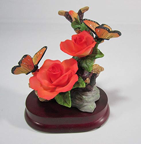 Cosmos Gifts Fine Porcelain Butterfly with Roses on Wood Base Figurine, 5" H