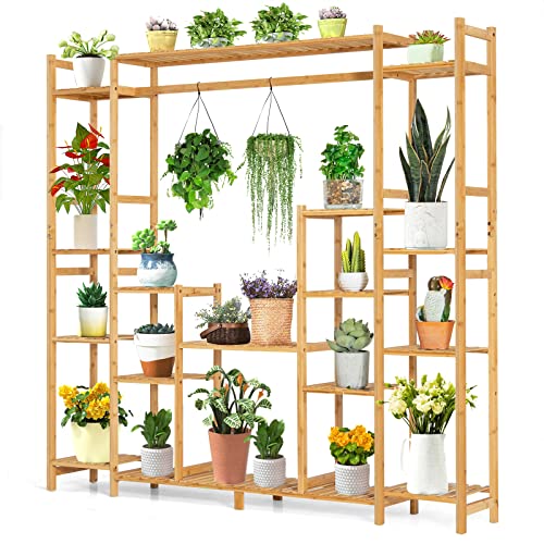 COSTWAY Bamboo Plant Stand - High-Low Plant Holder Shelf
