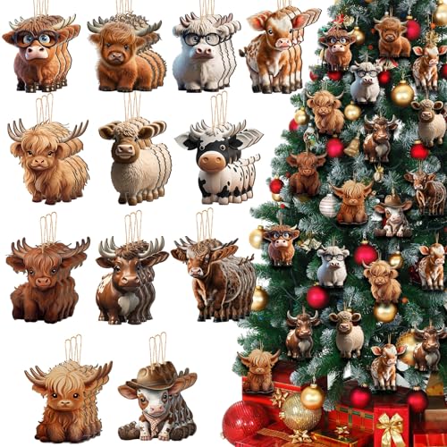 Cow Christmas Ornament Wooden Highland Cow Decoration