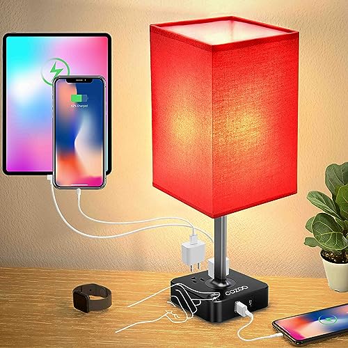 cozoo USB Bedside Table Desk Lamp with 2 USB Charging Ports and 2 Outlets Power Strip,Dimmable Table Lamp with White Fabric Shade, LED Light for Bedroom/Nightstand (Red)
