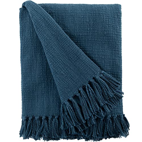 Cozy Blue Navy Woven Cotton Throw Blanket