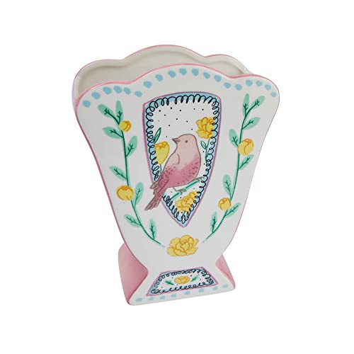 Creative Co-Op Ceramic Fan Shaped Painted Bird Design, Multicolor Vase, Multi