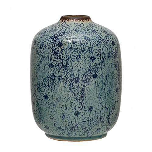 Creative Co-Op Terra-Cotta Floral Pattern Vase, 6" L x 6" W x 8" H, Blue
