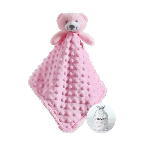 CREVENT Baby Comforting Security Blanket Lovey for Newborn Baby Girls Infants, Minky Dot Front + Sherpa Backing with Animal Face (Pink Bear)