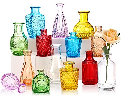 CUCUMI 14pcs Bud Vases, Colored Small Vases for Centerpieces, Cute Flower Vases in Bulk Vintage Boho Glass Vases for Wedding Table Decorations