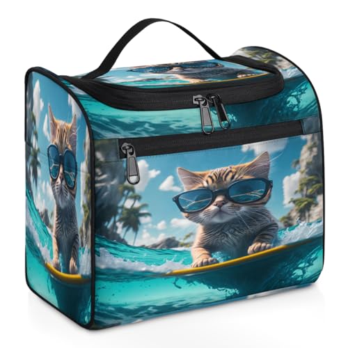 Cute Animal Cats Glasses Surf Hanging Travel Toiletry Bag