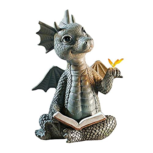 Cute Dragon Reading Book Statue Garden Decor Ornament