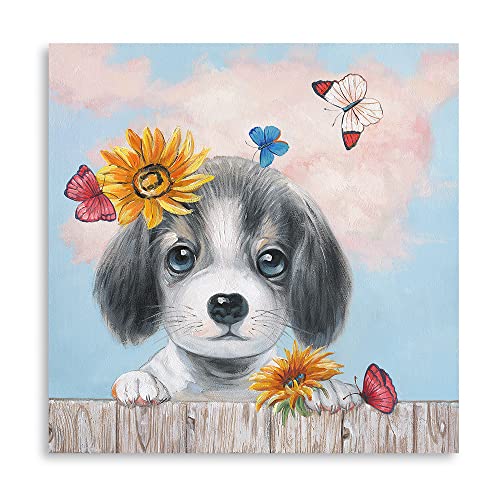 Cute Puppy Canvas Wall Art - Farmhouse Painting for Kids Room