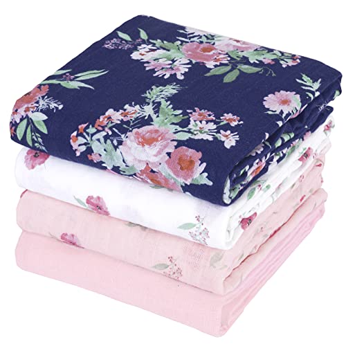 david's kids 4 Pack Baby Muslin Swaddle Blankets, 100% Cotton Swaddling Blankets Wrap for Girls, Ultra Soft Breathable Receiving Blanket, New Born Essentials, Floral Flowers/Pink