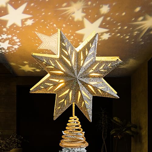 Dazzle Bright Christmas Star Tree Topper with Built-in LED Snowflake Projector Lights