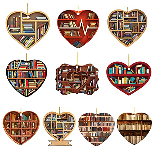 DD-life 10 Pcs Book Lovers Heart Librarian Ornament,Books Stacked Ornament,Christmas Ornaments,Bookshelf Decor Ornaments,Library Ornament,Librarian Christmas Ornament