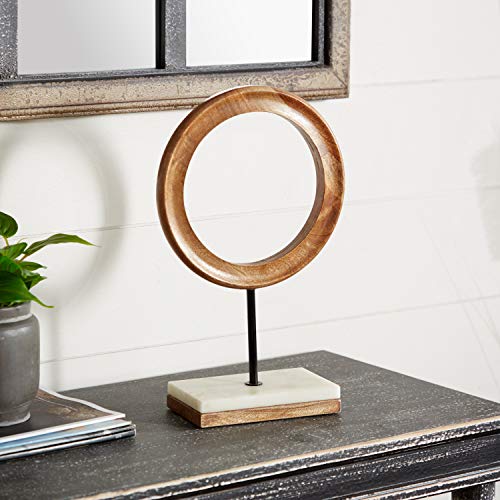 Deco 79 Mango Wood Geometric Circle Sculpture with Marble Stand, 9" x 4" x 14", Brown