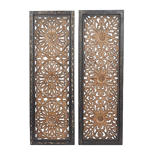 Deco 79 Wood Floral Handmade Intricately Carved Wall Decor, Set of 2 36"H, 12"W, Brown