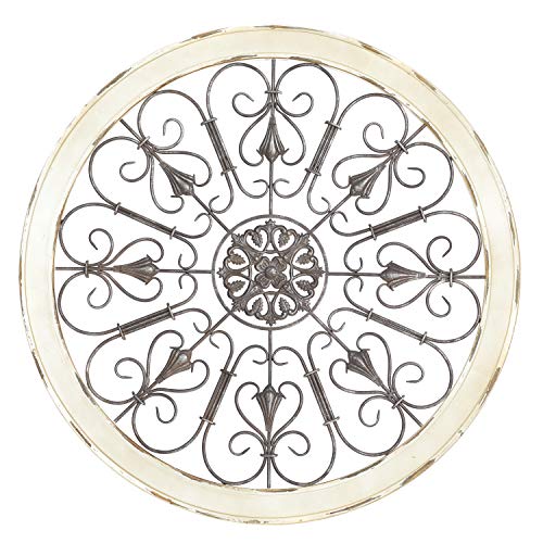 Deco 79 Wood Scroll Window Inspired Wall Decor with Metal Scrollwork Relief, 36" x 1" x 36", White, LARGE SIZE