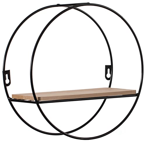 Decorative Modern Round Accent Floating Shelf Circle Decor Display Wall Mounted Rack with Metal Frame and Pine Wood Shelf, Black