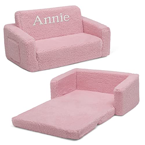 Delta Children Cozee Flip-Out Sherpa 2-in-1 Convertible Sofa to Lounger for Kids – Customize with Name, Pink