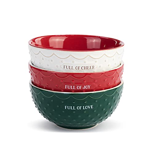 DEMDACO Full Of Cheer Red, Green, and White 7 Ounce Ceramic Christmas Baking Bowls Set of 3